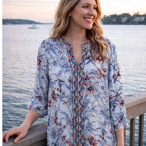 Karyn Seo Floral Boho Embroidered Shirt Tunic Top Blouse 3/4 Sleeves Sz Medium
